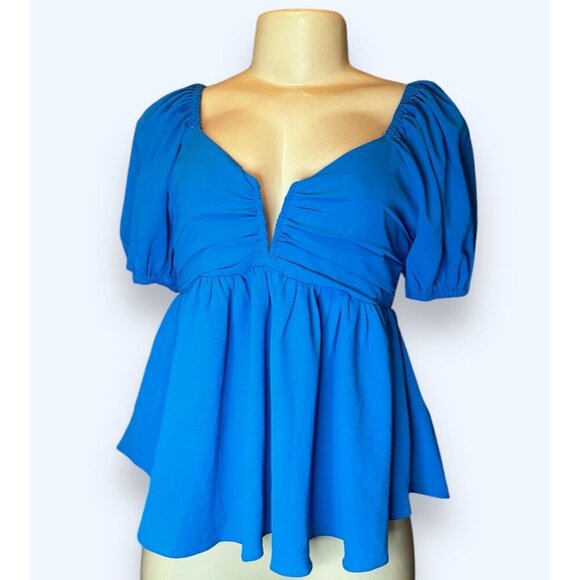 Vici Women Blue Peplum Blouse Small Short Sleeves Lined Plunge V-Neck Smog Back - Picture 2 of 8